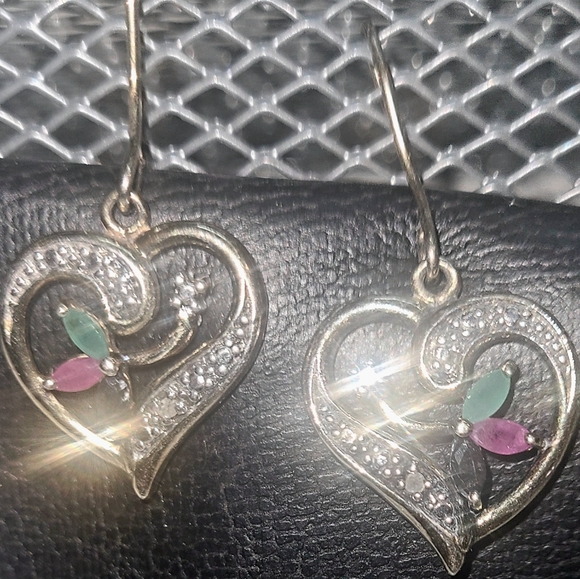 Natural Ruby,Emerald,& Saphire accented by White Diamonds Earrings - Picture 5 of 8